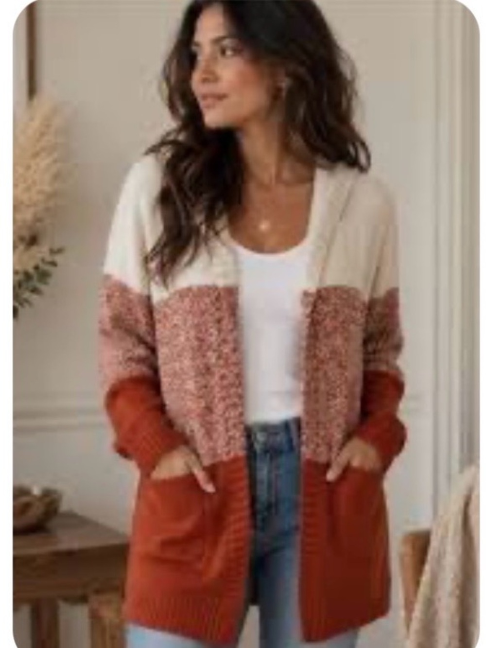 TAHARI Pumpkin and Ivory Hooded Cardigan